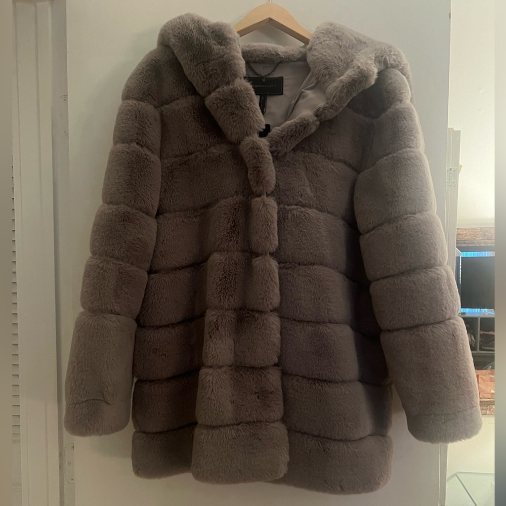 BCBG Faux-Fur Lavender/Gray Dress Coat with Buttons and Hood, new with tags